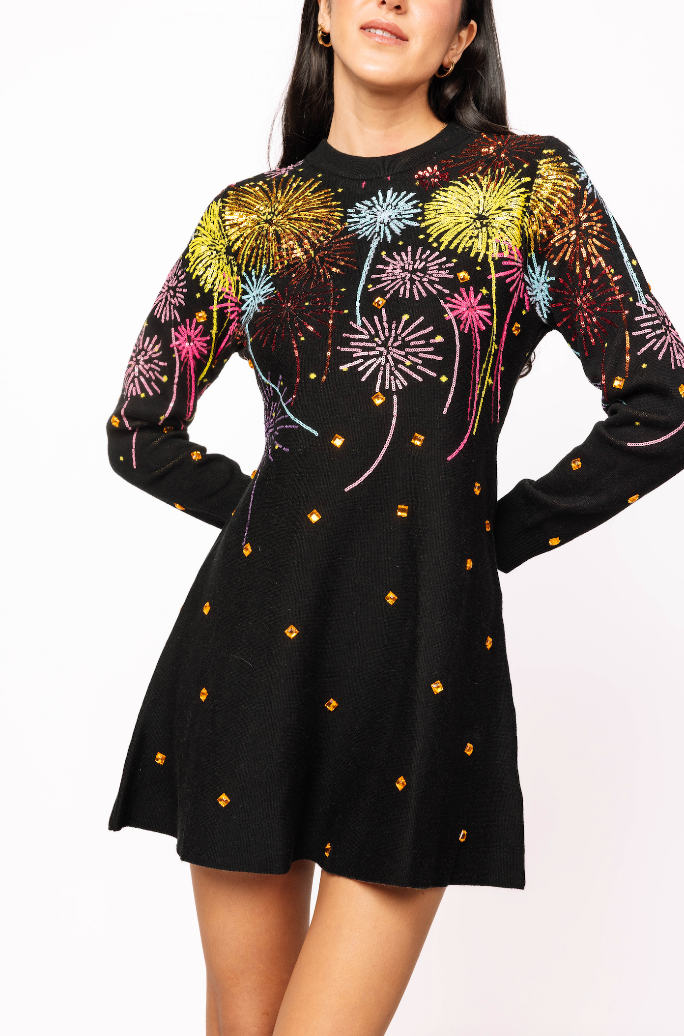 Black Multi Rainbow Firework Jeweled Sweater Dress | Queen of Sparkles