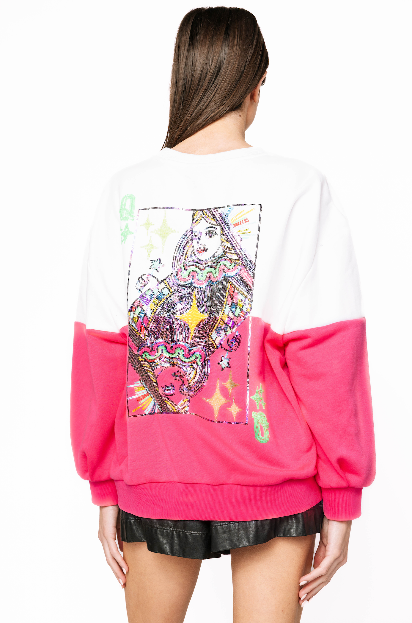 White & Neon Pink Colorblock QOS Logo Sweatshirt | Queen of Sparkles