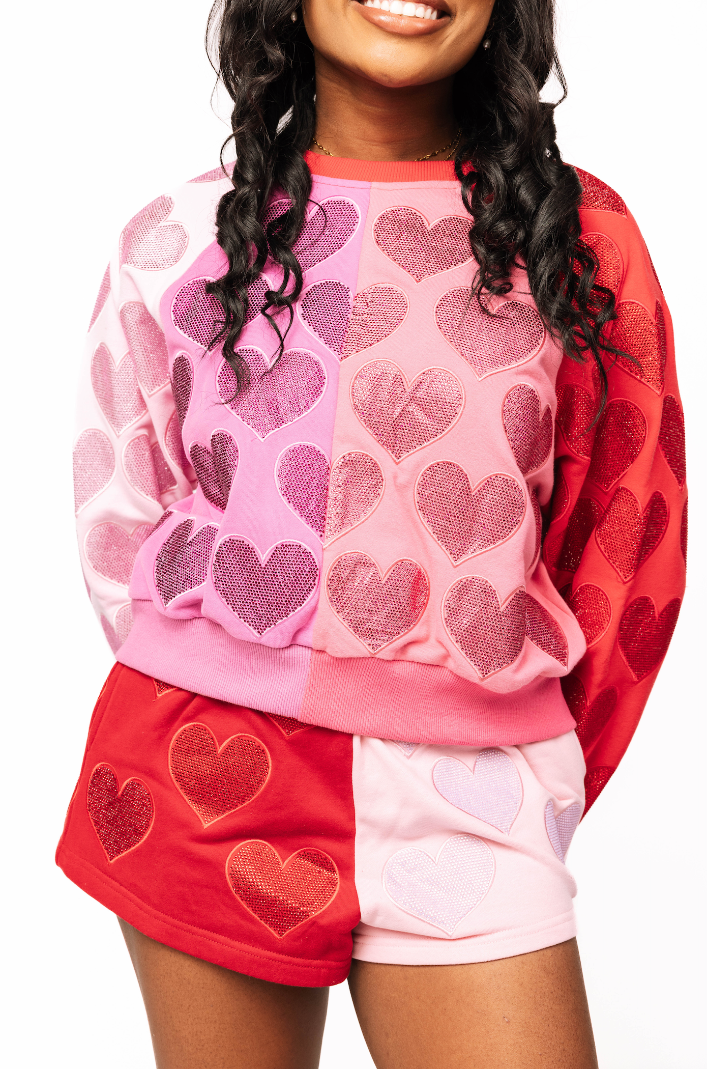 Colorblock Rhinestone Hearts Sweatshirt | Queen of Sparkles
