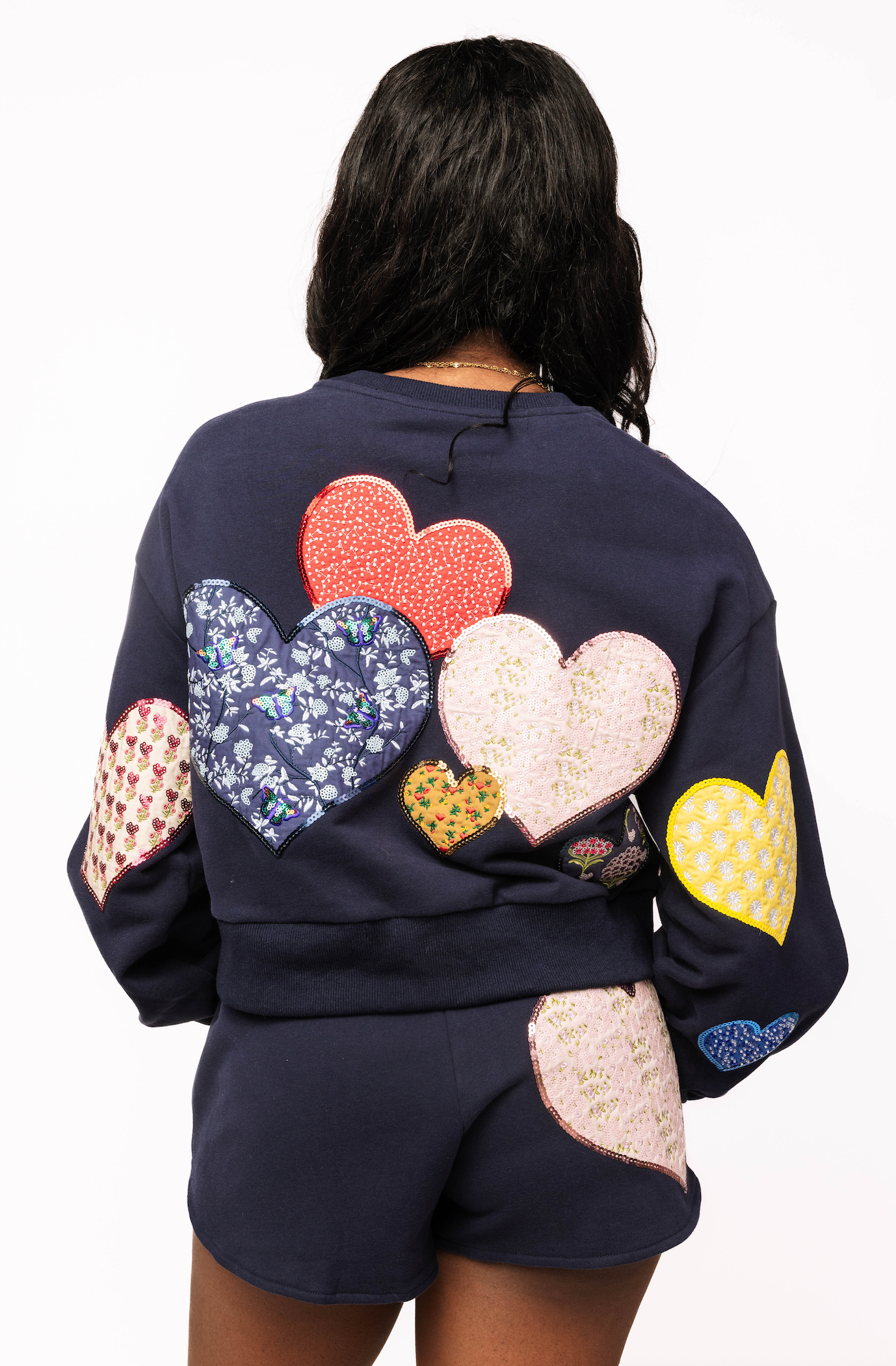 Navy Multi Embroidered Hearts Sweatshirt | Queen of Sparkles