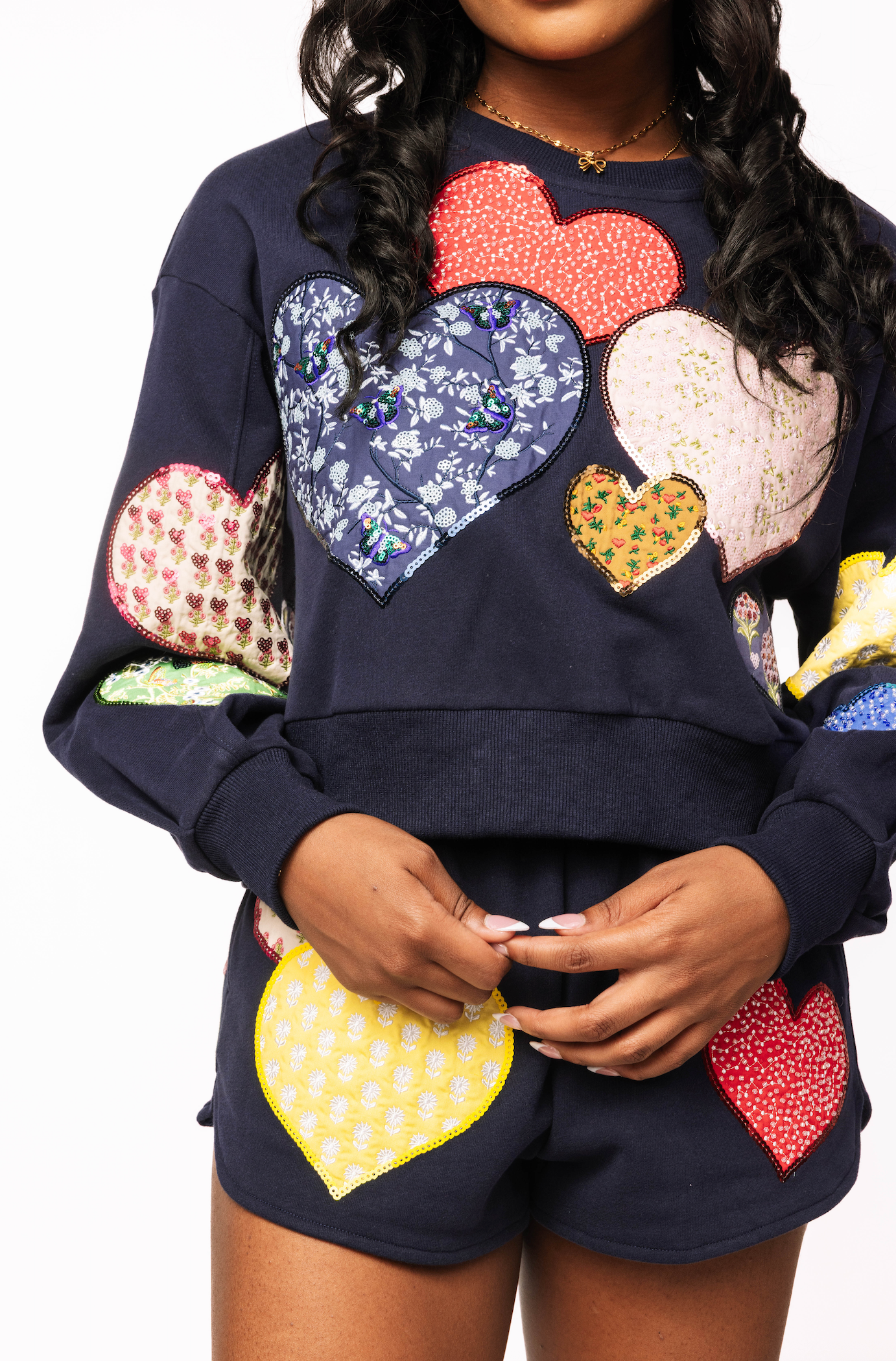 Navy Multi Embroidered Hearts Sweatshirt | Queen of Sparkles