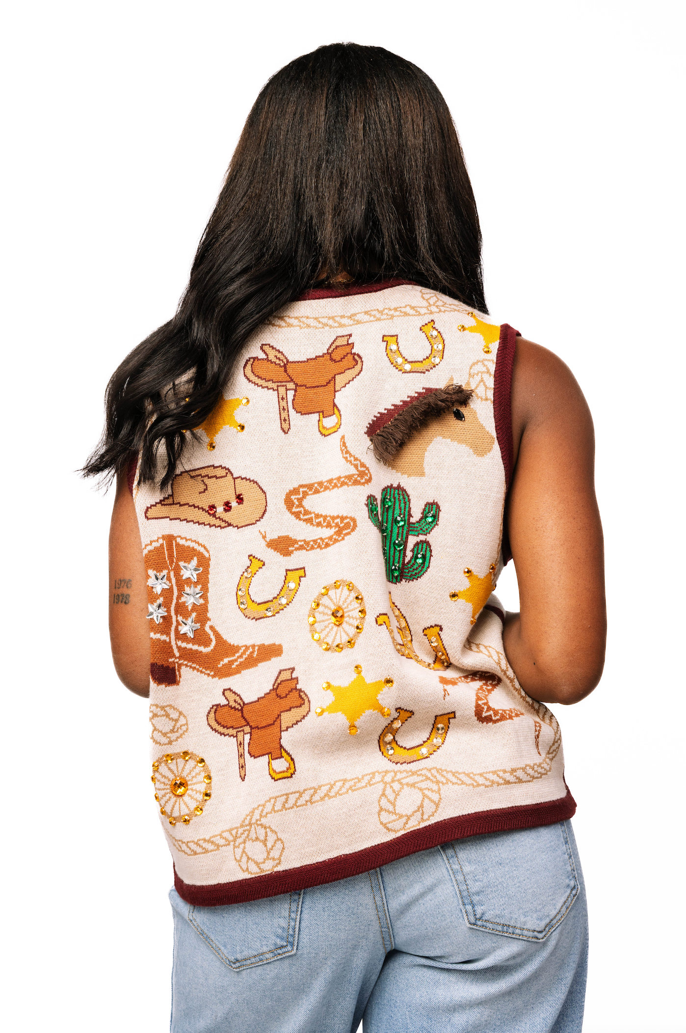 Beige Multi Western Icon Knit Button Up Vest | Queen of Sparkles