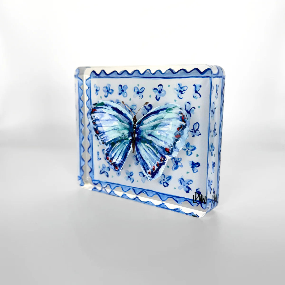 Blue Butterfly on Floral Block | Lauren Dunn