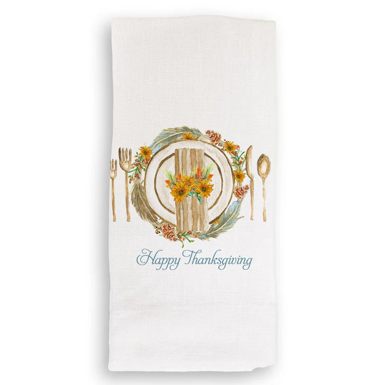 Fall Placesetting Happy Thanksgiving Tea Towel