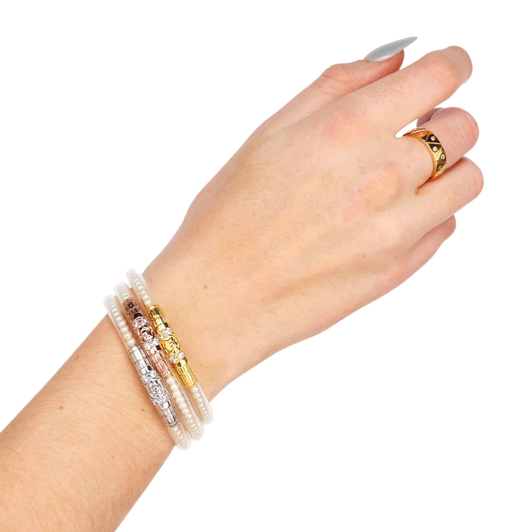 Budha Girl | White Pearl Three Queens All Weather Bangles