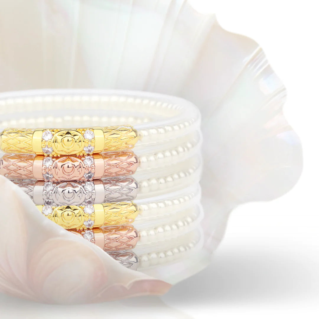 Budha Girl | White Pearl Three Queens All Weather Bangles