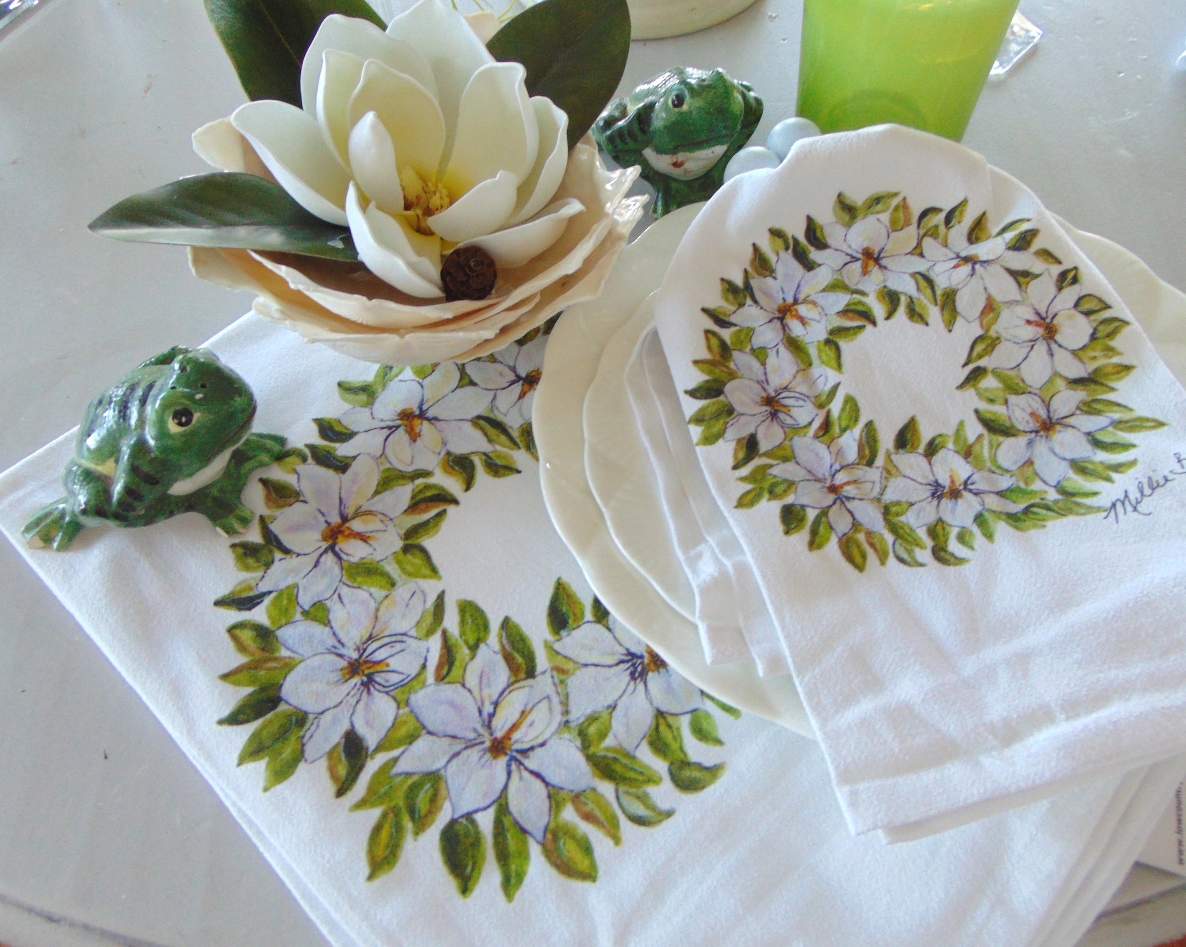 Watercolor Magnolia Wreath Flour Sack Towel