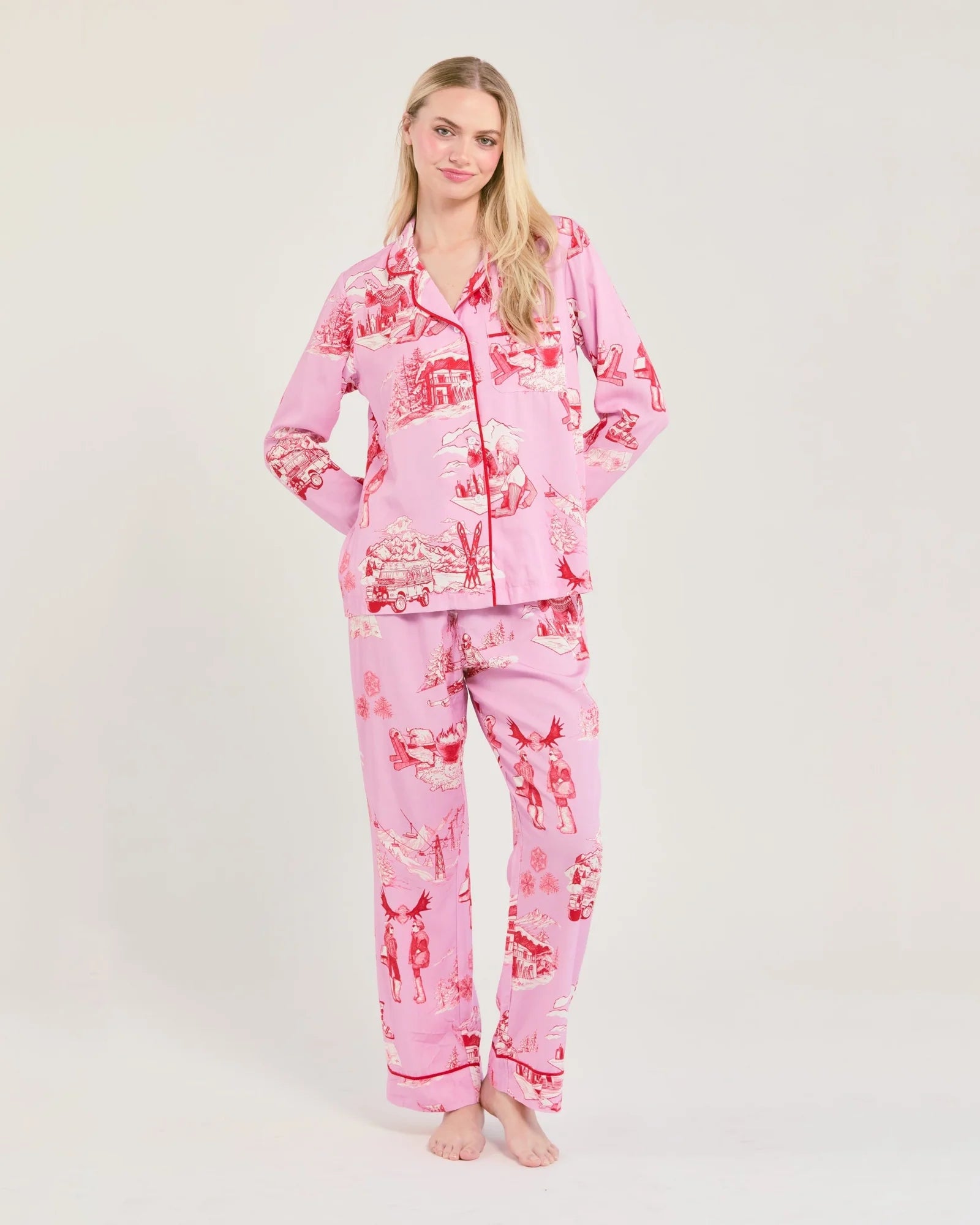 Apres Ski Toile Long Sleeve Pajama Pants Set / Lilac Cranberry | Katie Kime