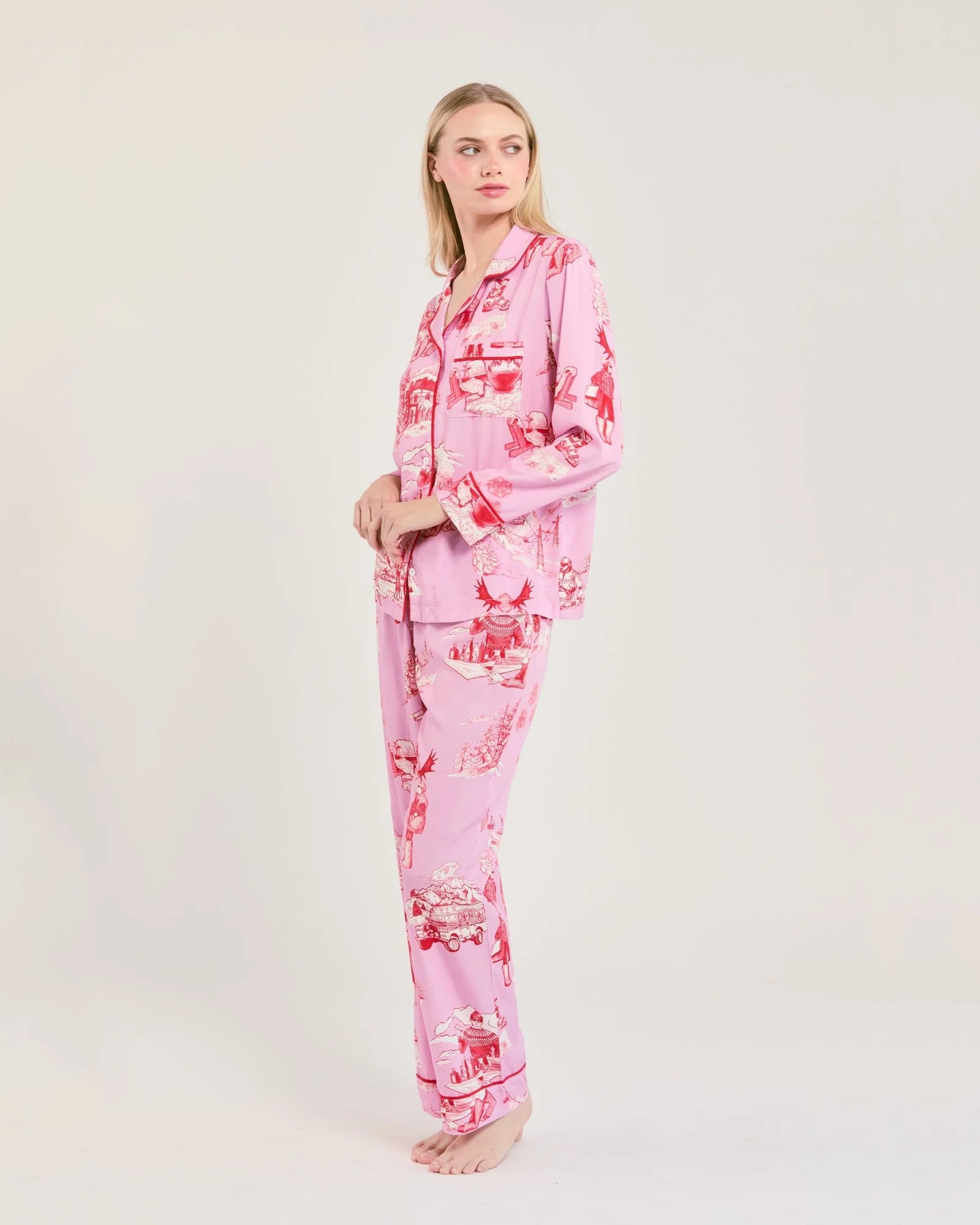 Apres Ski Toile Long Sleeve Pajama Pants Set / Lilac Cranberry | Katie Kime