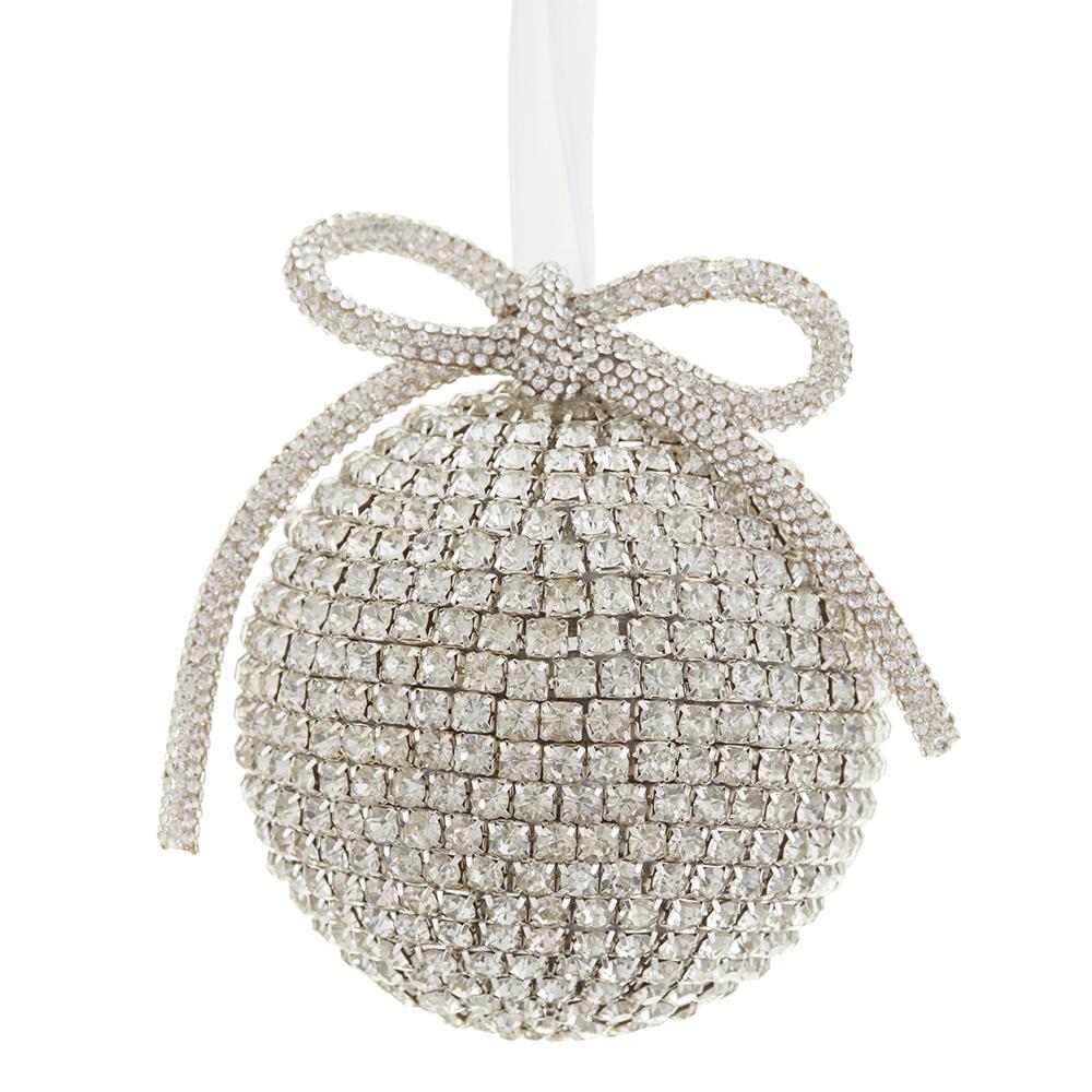 Diamond Ball Ornament With Bow Silver