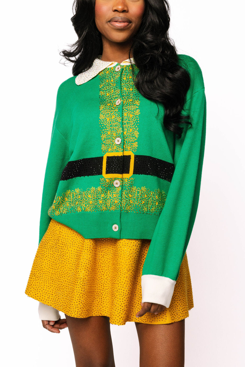 Green Elf Collared Button Up Sweater | Queen of Sparkles