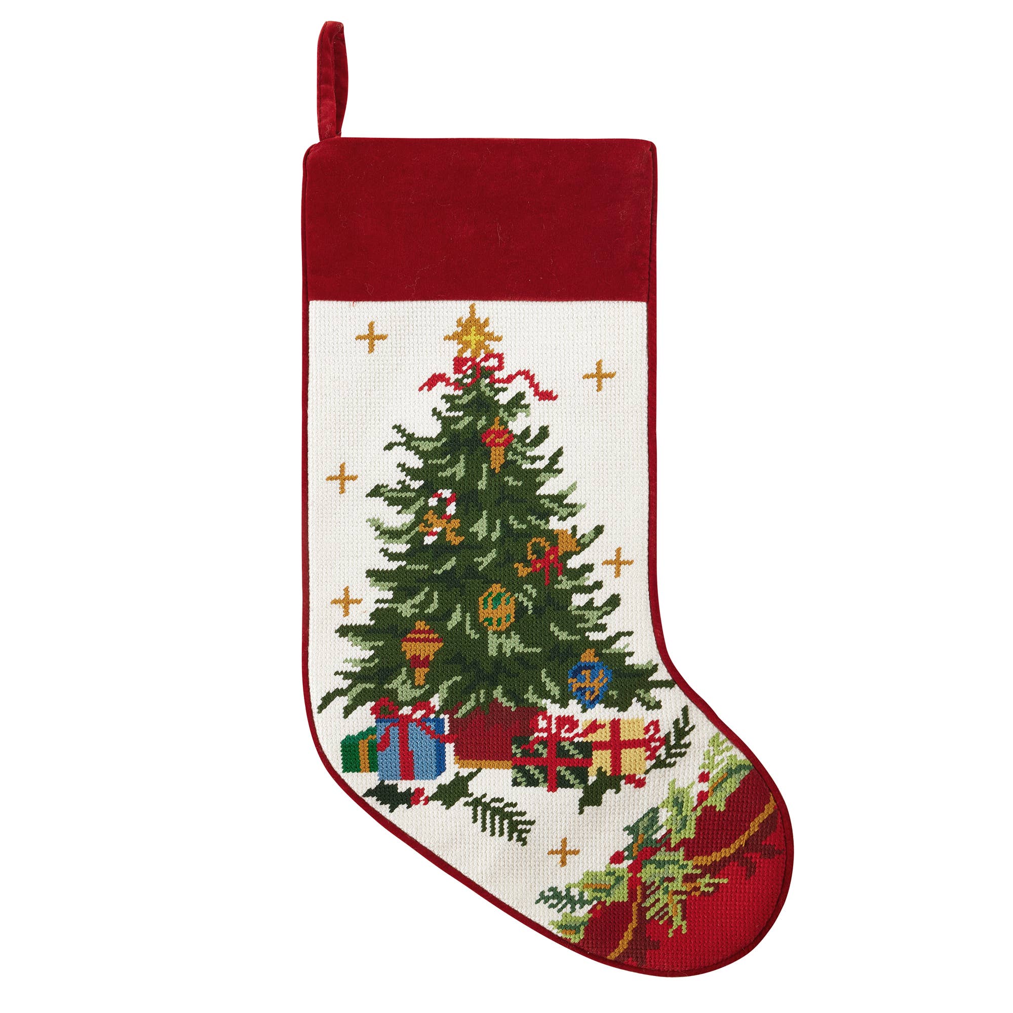 Tree w/Presents Embroidered Needlepoint Style Stocking