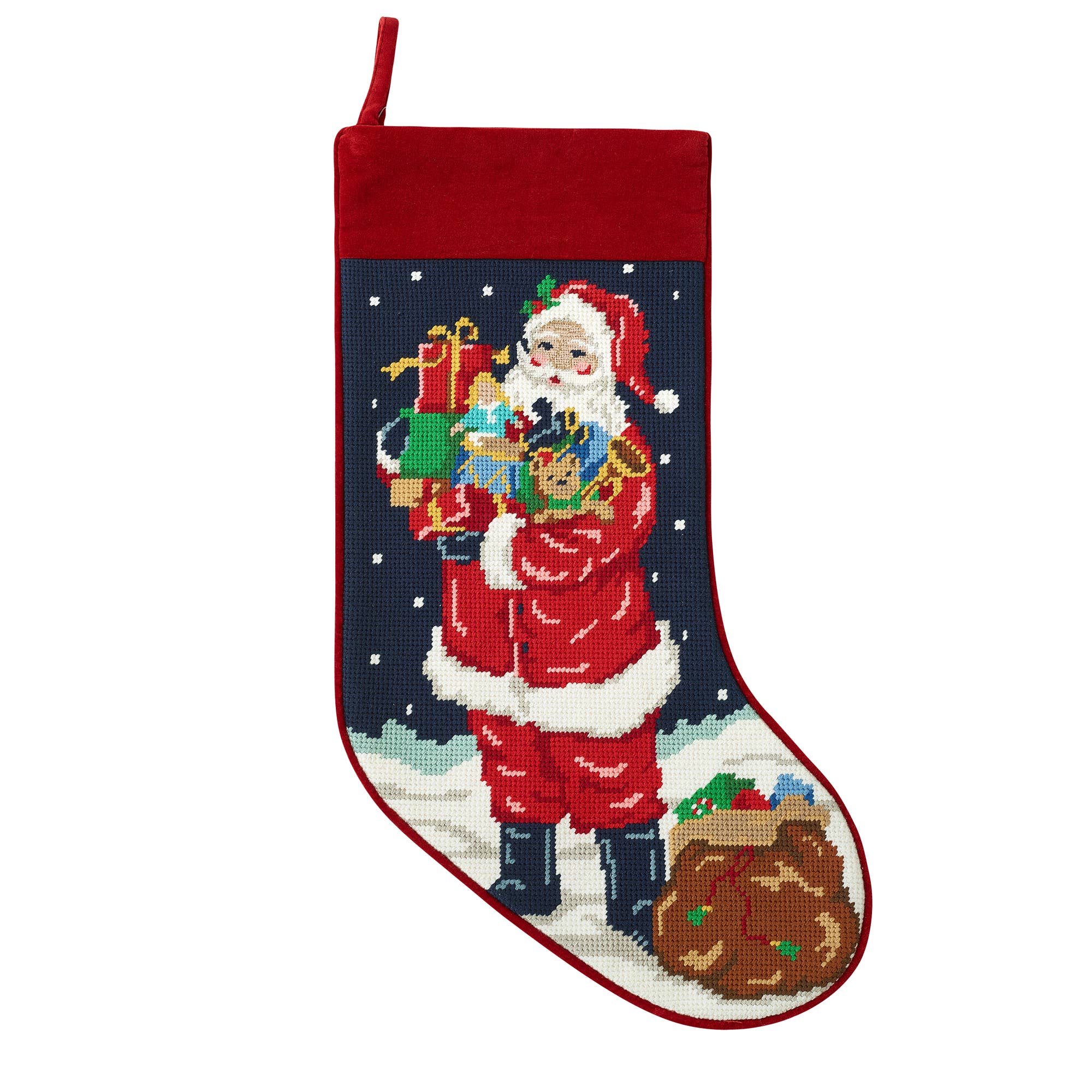 Santa w/Toys Embroidered Needlepoint Style Stocking
