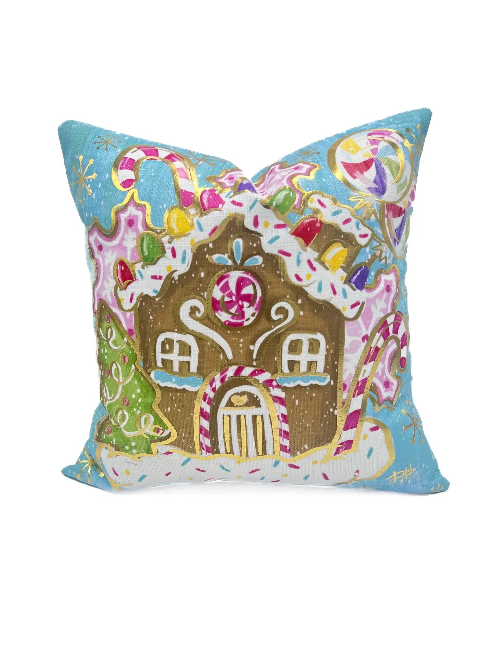Golden Gingerbread House Velvet Pillow