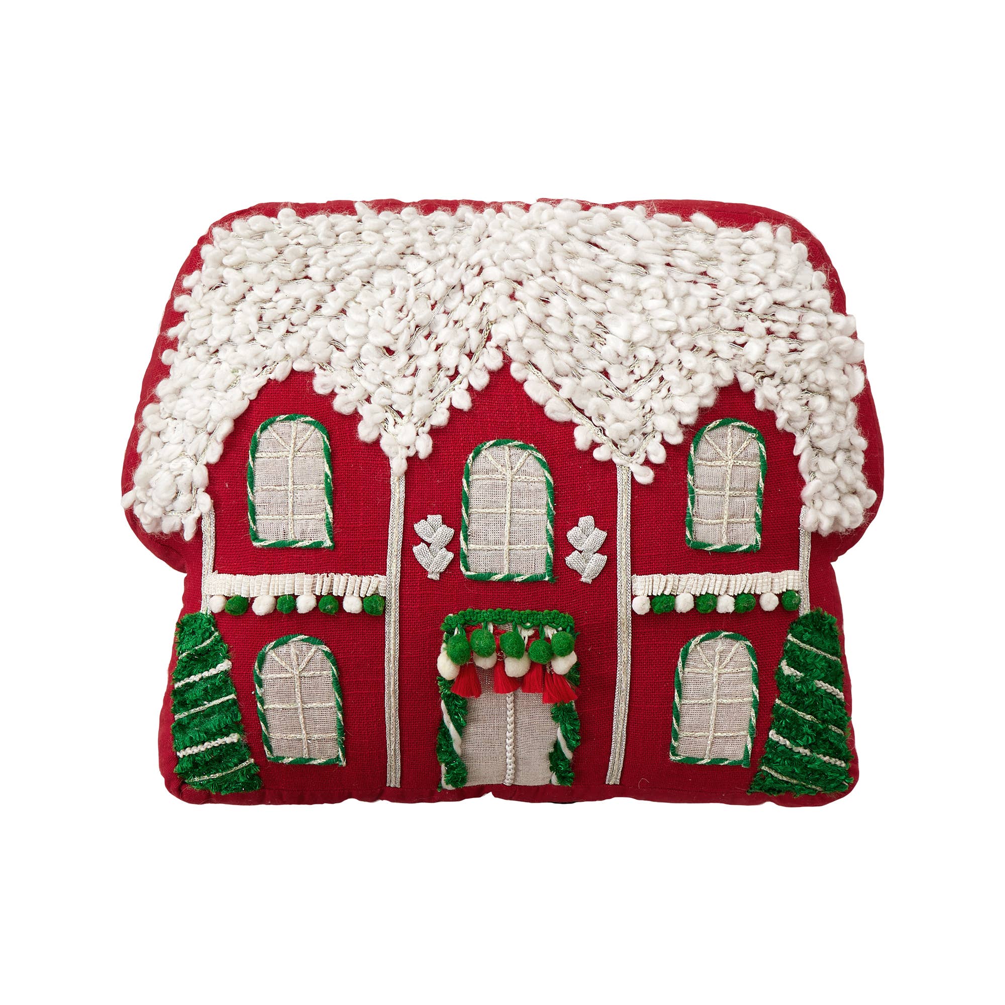Red House w/Poms Embroidered Applique Pillow