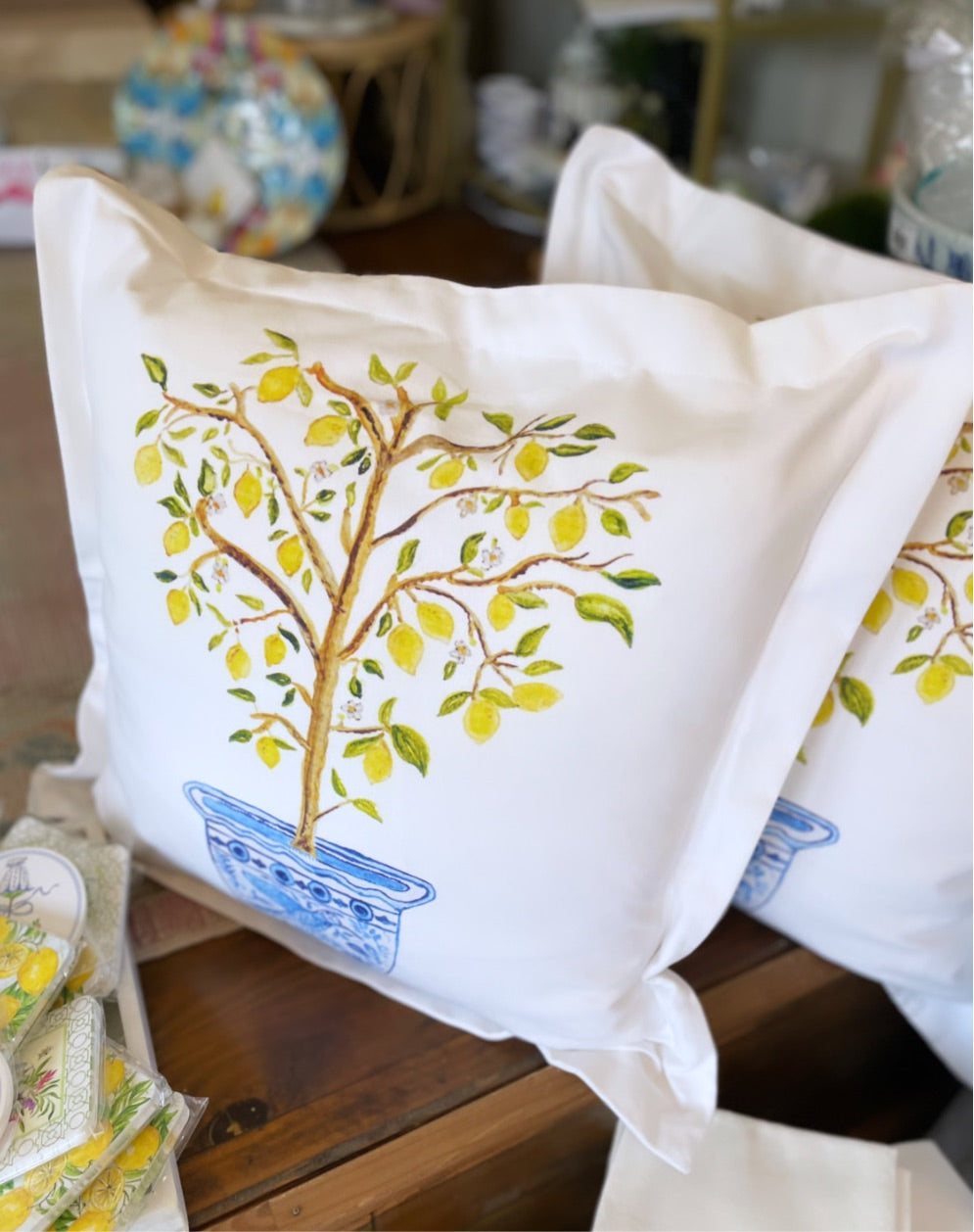 Watercolor Lemon Tree White Canvas Pillow