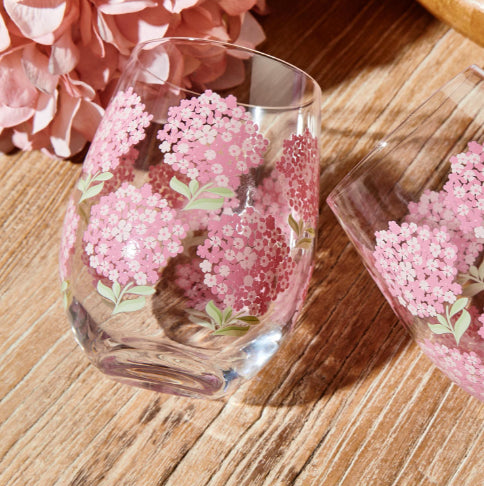 Pink Hydrangea Stemless Wine Glass