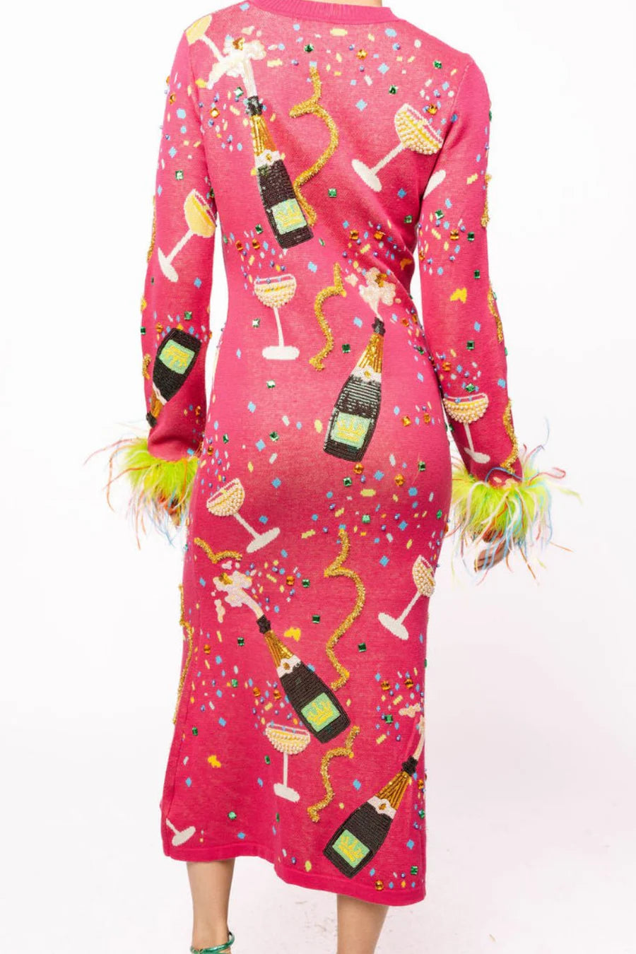 Hot Pink Popping Champagne Bottle & Coupe Feather Sleeve Midi Dress | Queen of Sparkles