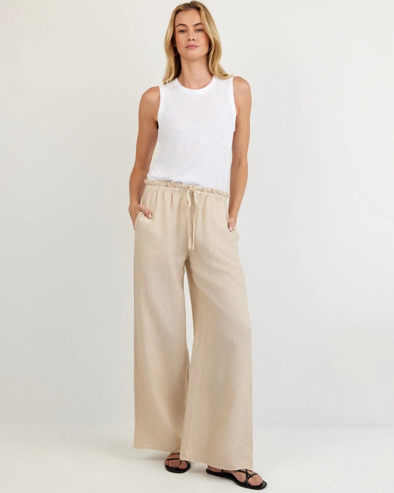Ruffle Waist Wide Leg Pant - Linen Sand | Bella Dahl