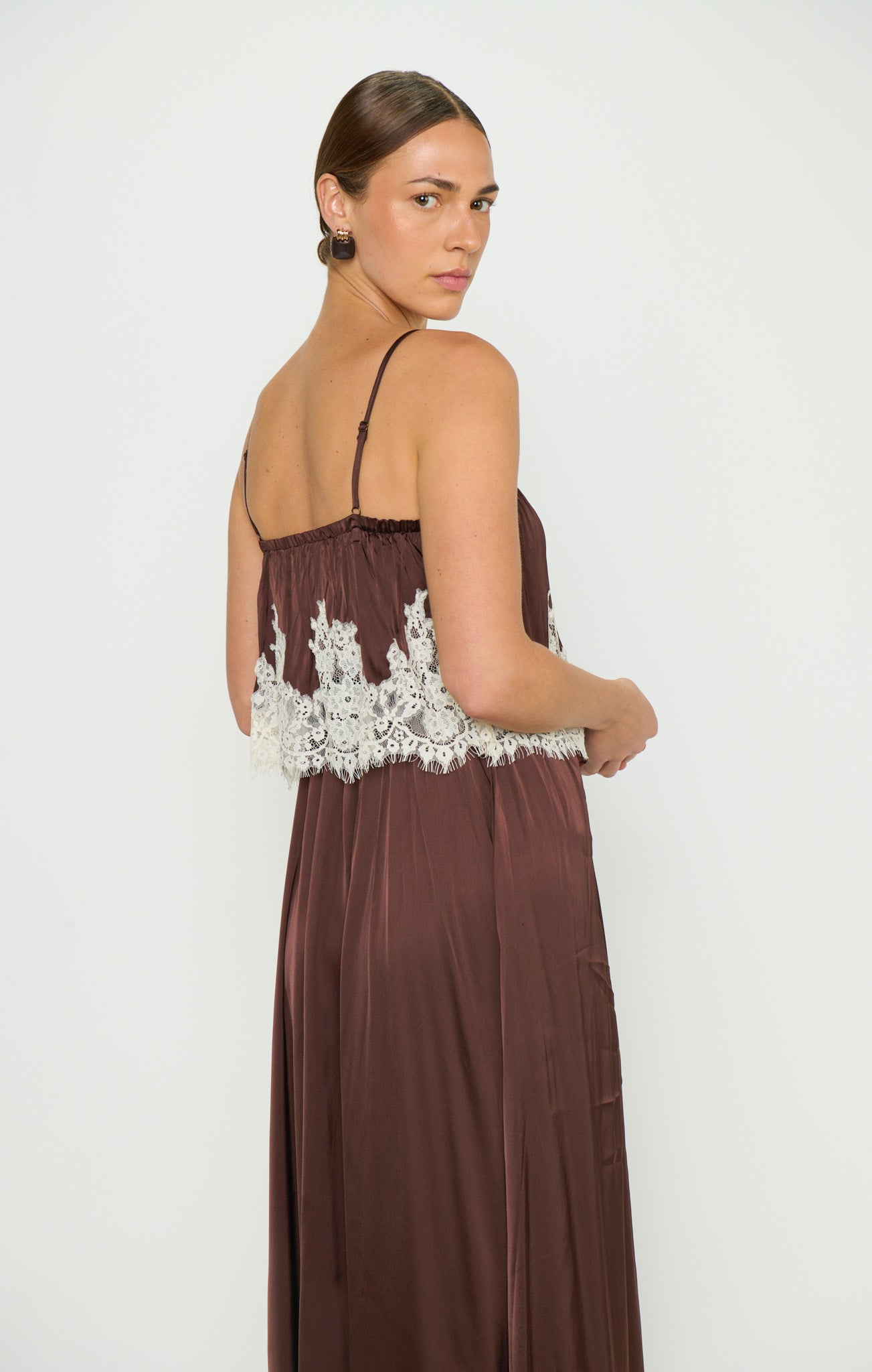 Emmylou Maxi Dress - Chocolate Satin with Lace Trim | Show Me Your MUMU