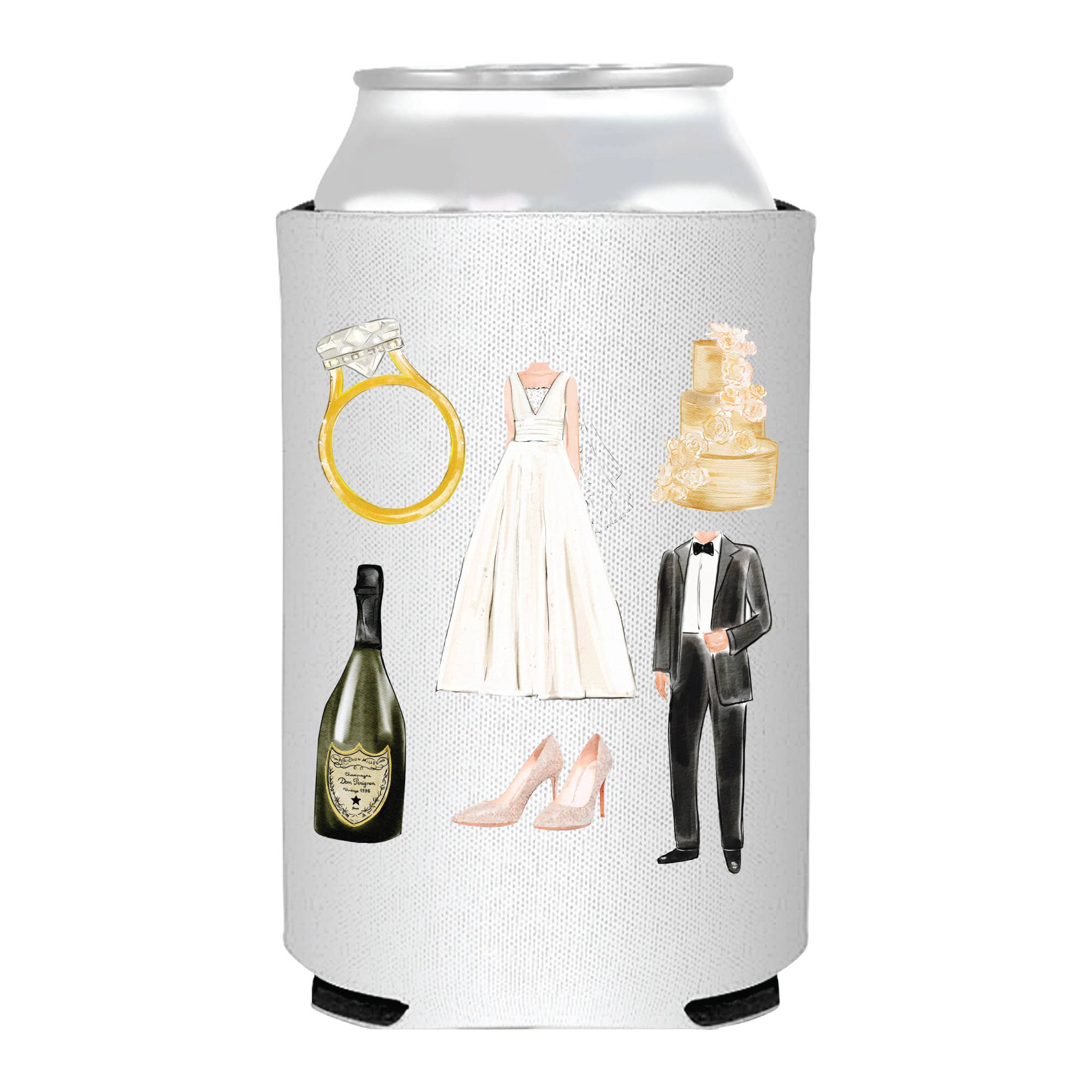 Watercolor Wedding Icons Collage - Full Color Can Cooler