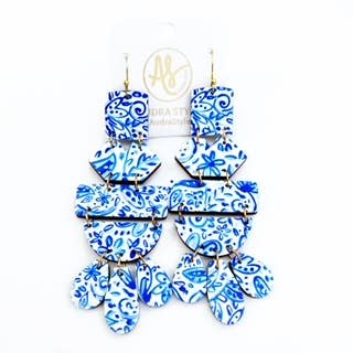 Large Geometric Statement Earrings Blue White