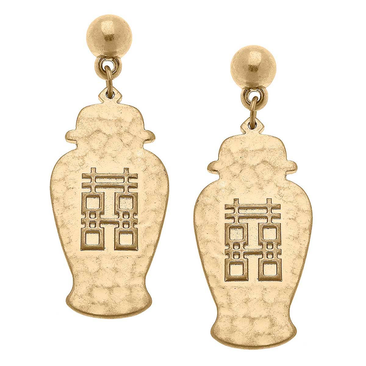 Lila Temple Jar Double Happiness Statement Earrings in Worn