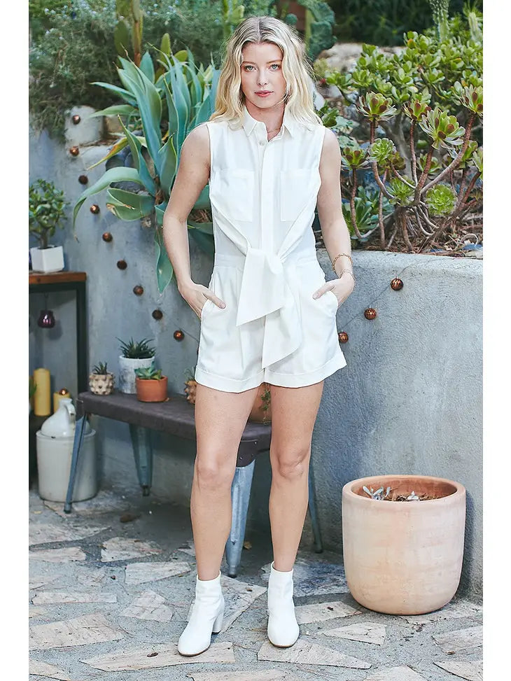 Ivory Button Down Front Tie Romper