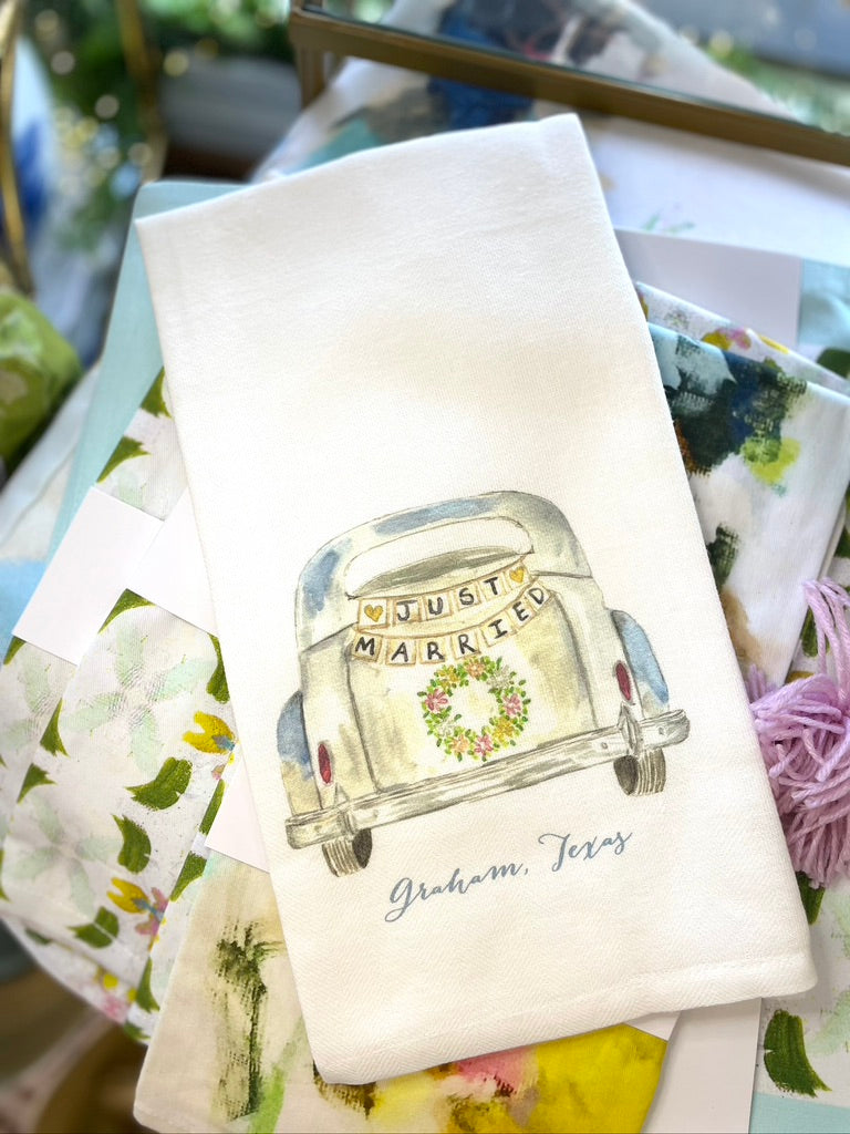 Just Married Car Graham, Texas Dish Towel