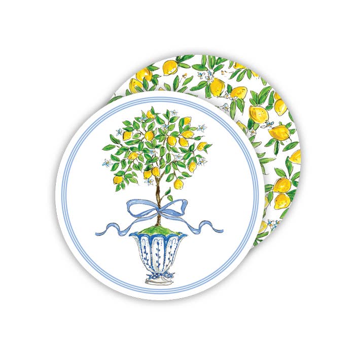 Handpainted Lemon Topiary in Chinoiserie Pot Round Coaster