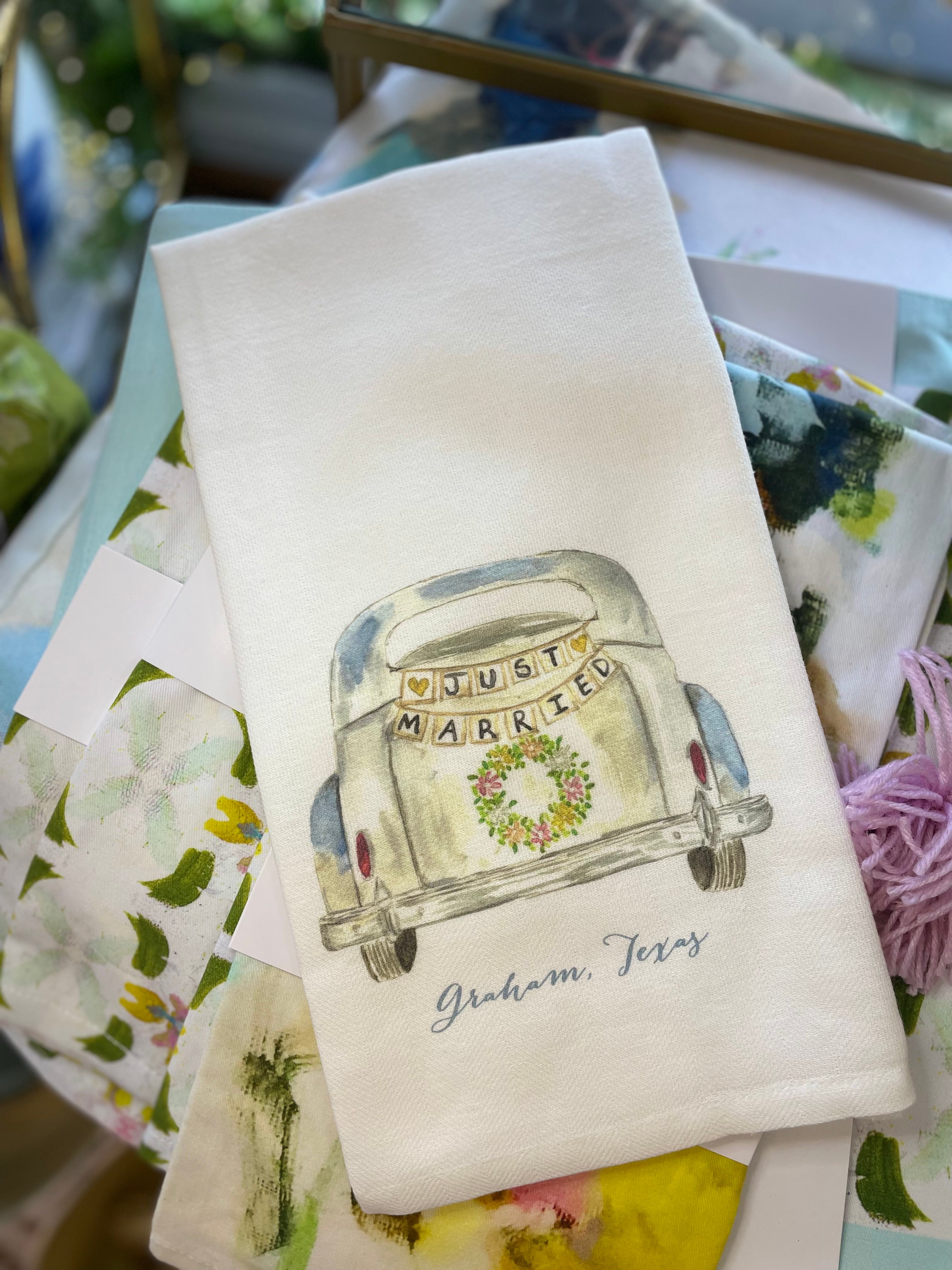 Just Married Car Graham, Texas Dish Towel