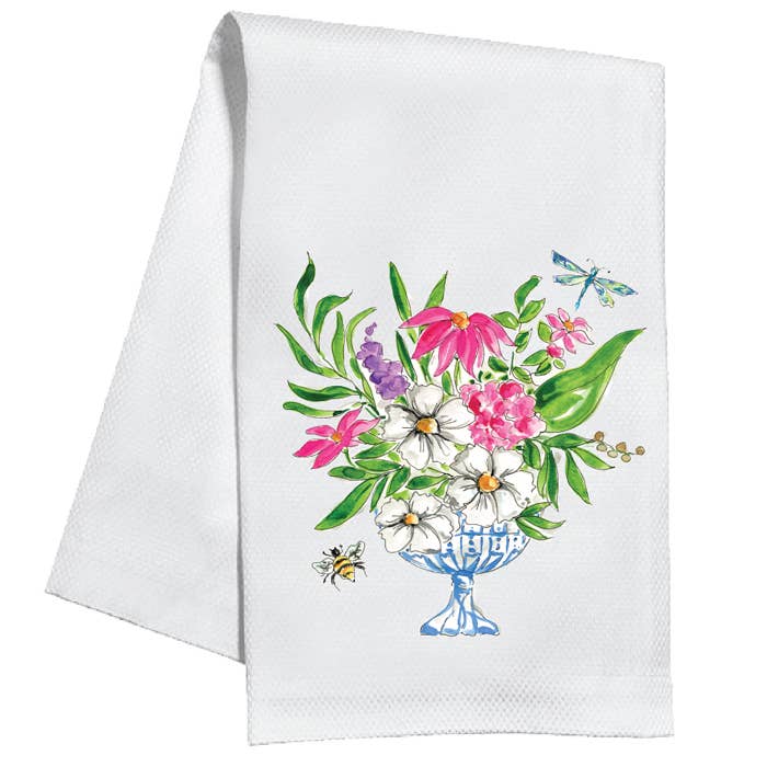 Handpainted Floral Arrangement Green Kitchen Towel