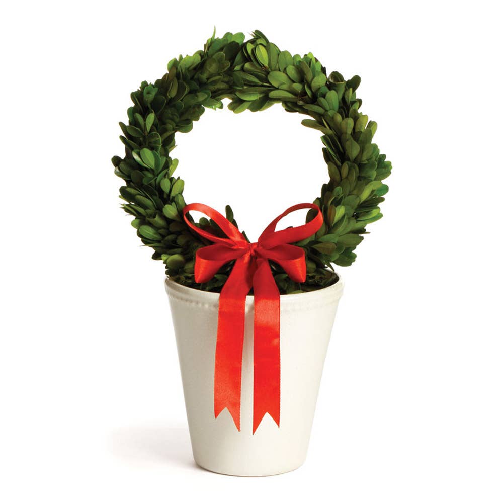 Boxwood Wreath & Red Ribbon In White Pot Small