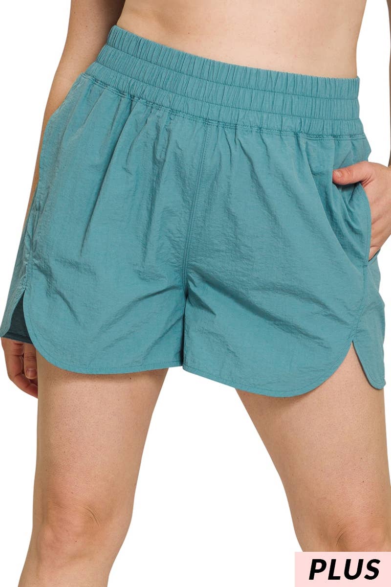 Plus Dusty Teal Windbreaker Smocked Waistband Running Shorts