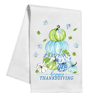 Happy Thanksgiving Blue Chinoiserie Pumpkin Stack Kitchen Towel