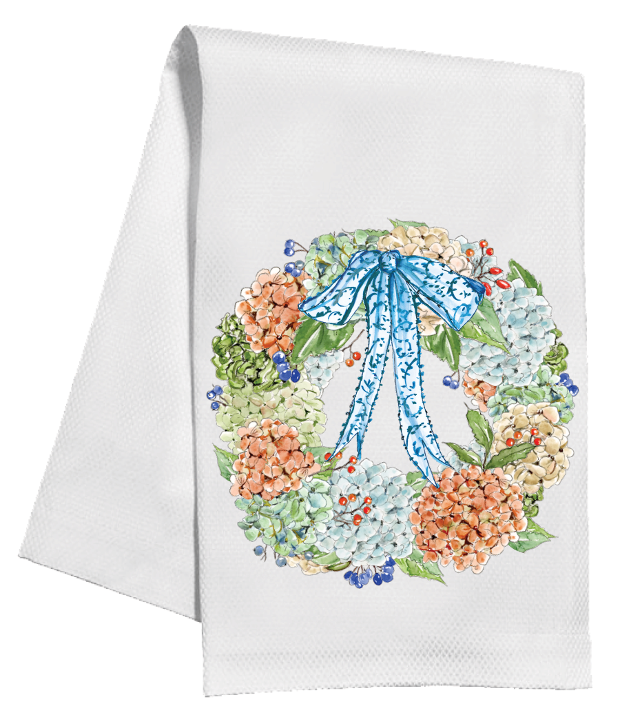 Hydrangea Wreath with Blue Bow Tea Towel