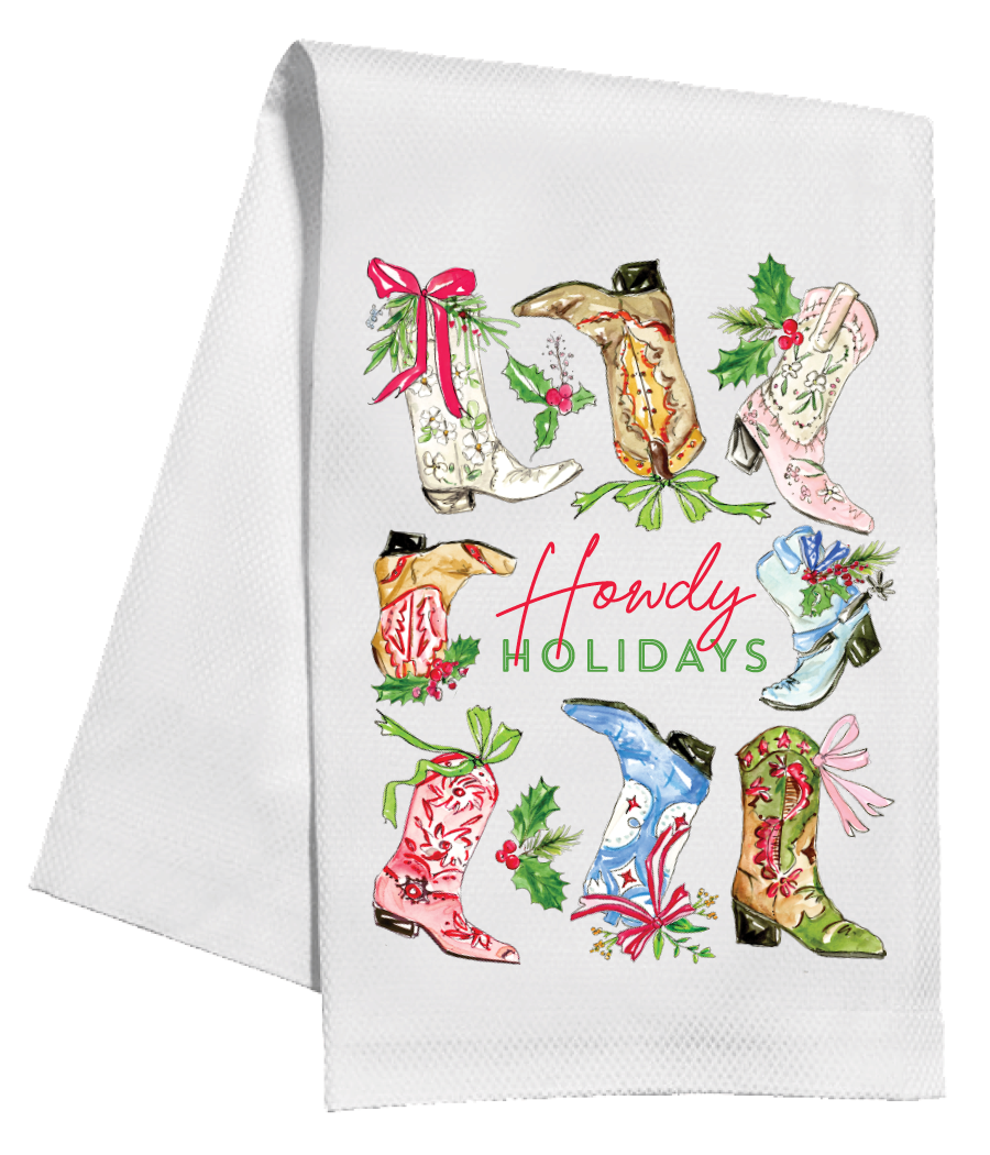 Howdy Holidays Christmas Boots Tea Towel