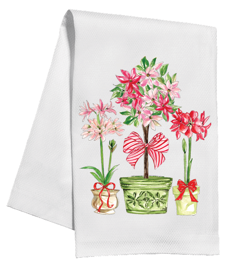 Red and Green Poinsettias and Topiary with Bows Tea Towel