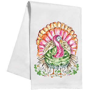 Handpainted Pink and Green Standing Turkey Tea Towel