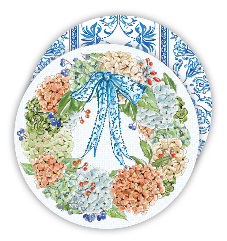 Hydrangea Wreath with Blue Bow Round Coaster