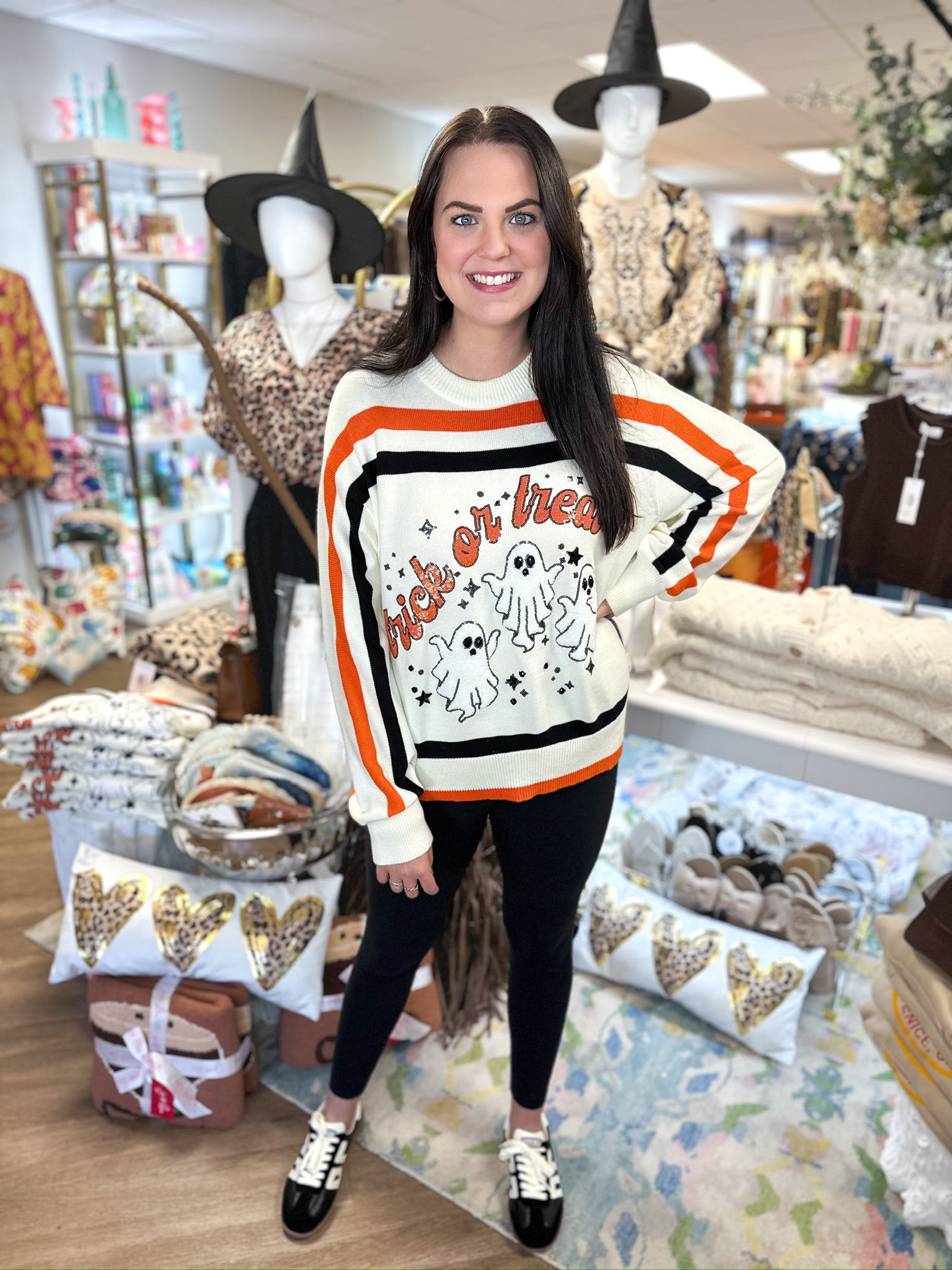 White, Black & Orange Stripe 'Trick or Treat' Long Sleeve Sweater | Queen of Sparkles