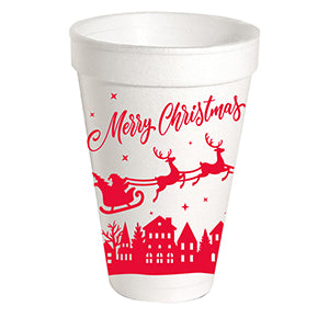 Red Merry Christmas Santa Over Village Styrofoam Cups