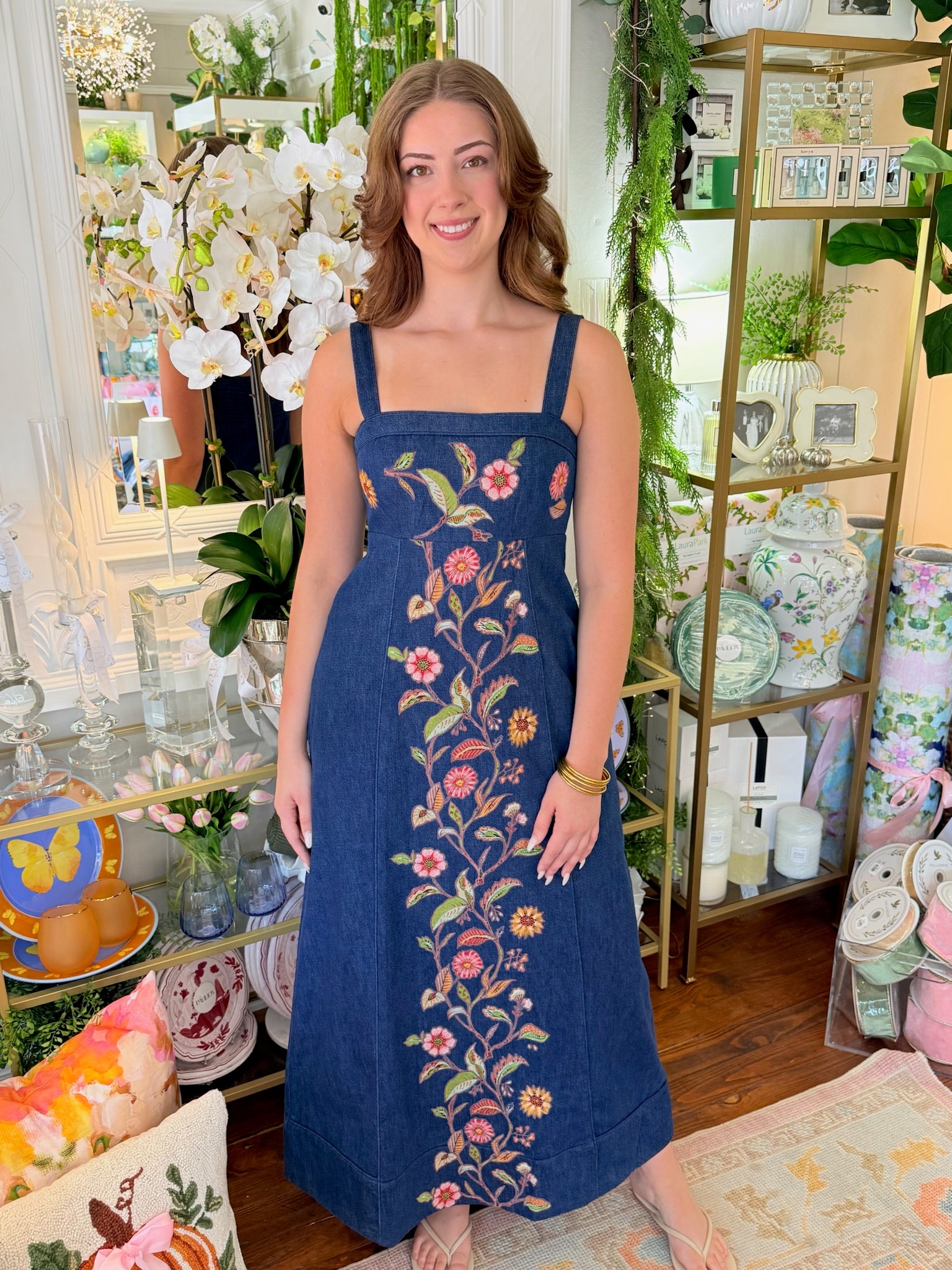 Annalisa Dress in Denim Floral Embroidery | Elizabeth James