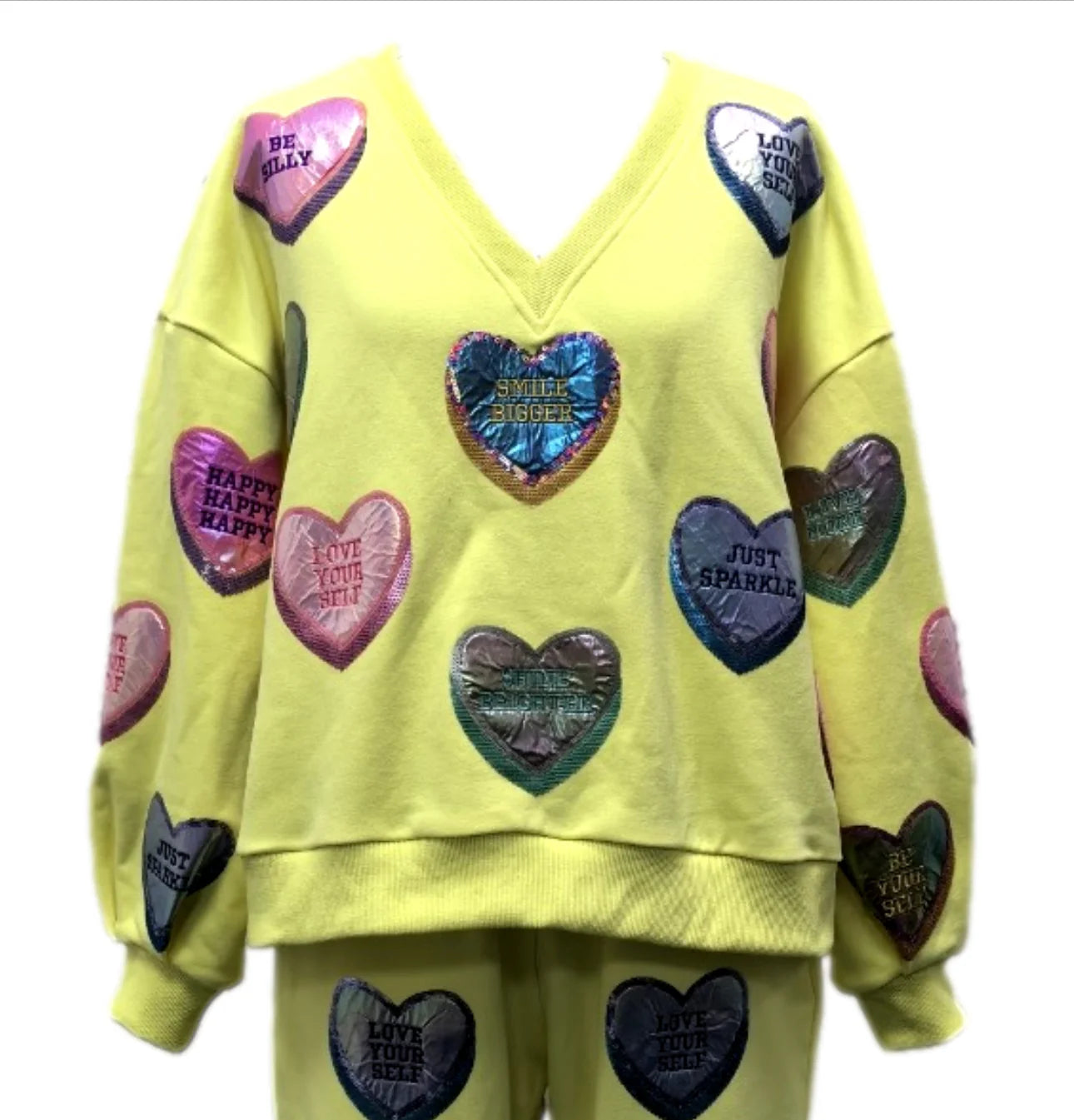 Pale Yellow Positive Candy Hearts V Neck Sweatshirt | Queen of Sparkles