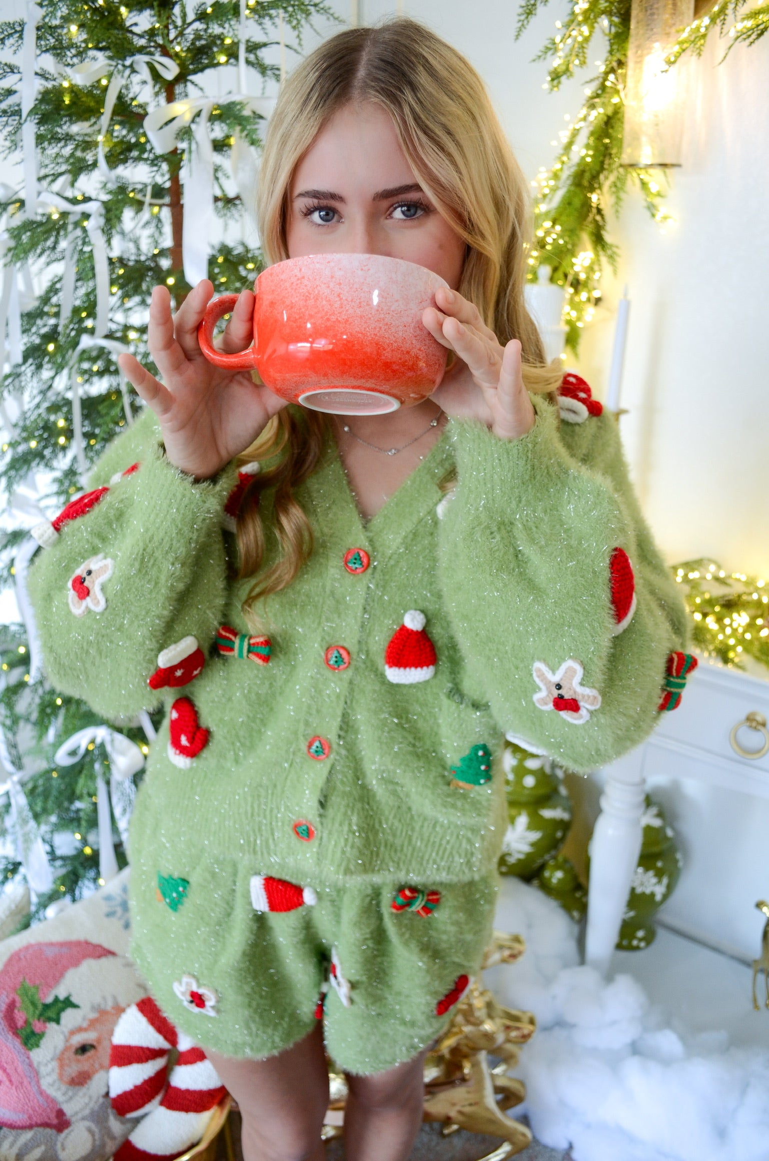 Green Fuzzy Knit Christmas Icon Cardigan | Queen of Sparkles