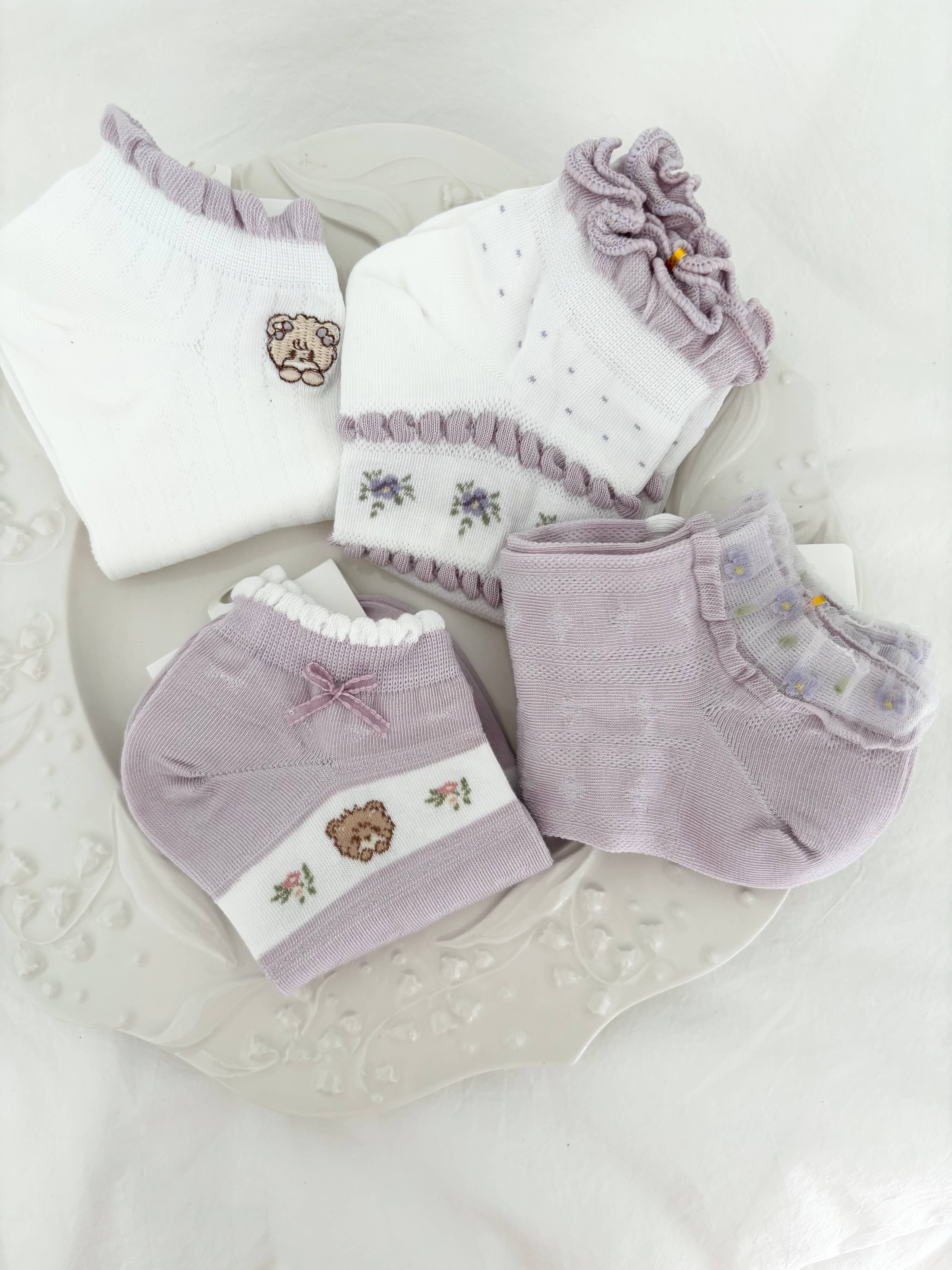 Bear Lavender Lace Cute Socks / Various