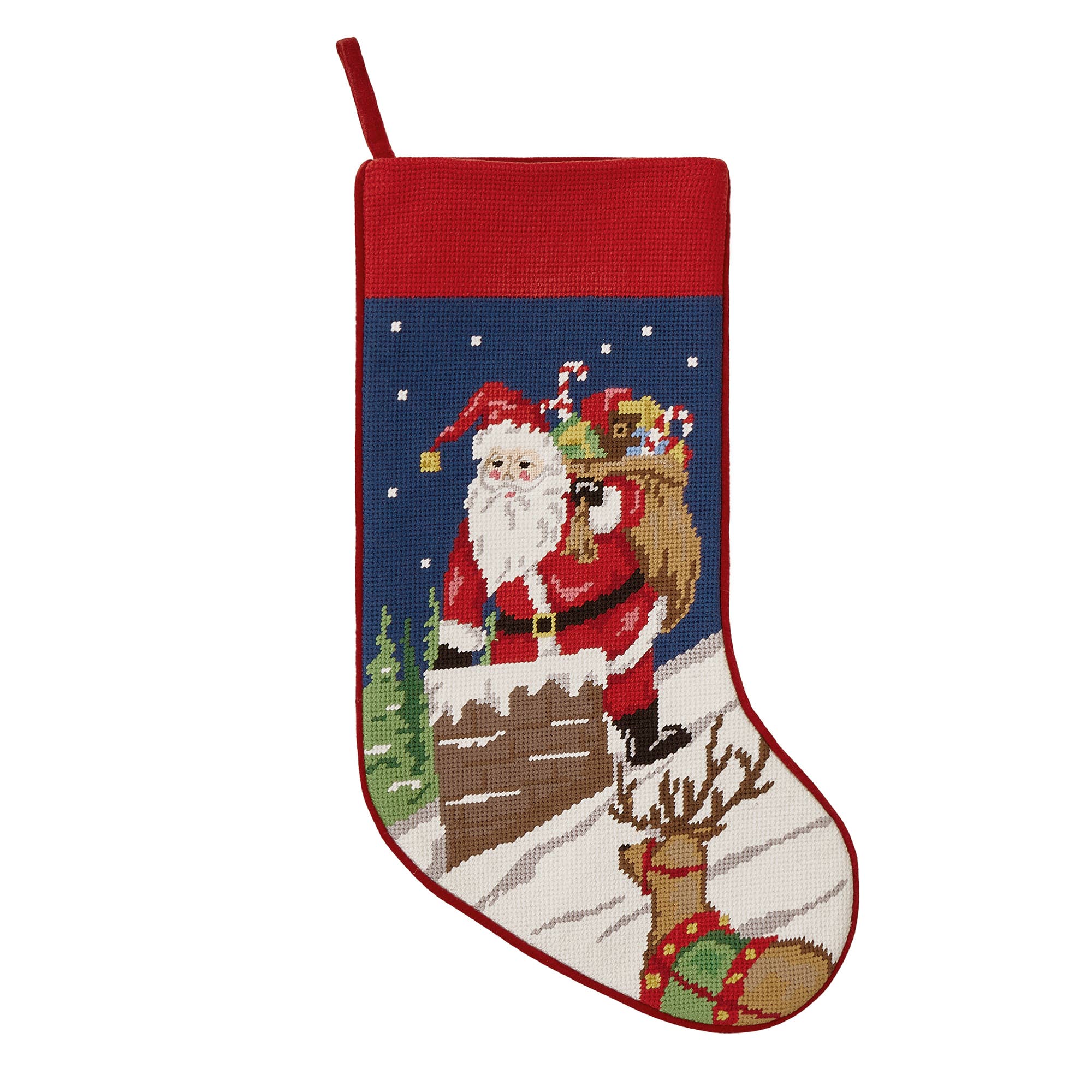 Santa Chimney Embroidered Needlepoint Style Stocking