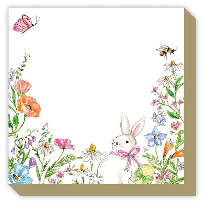 Handpainted Bunny with Spring Flowers Luxe Notepad