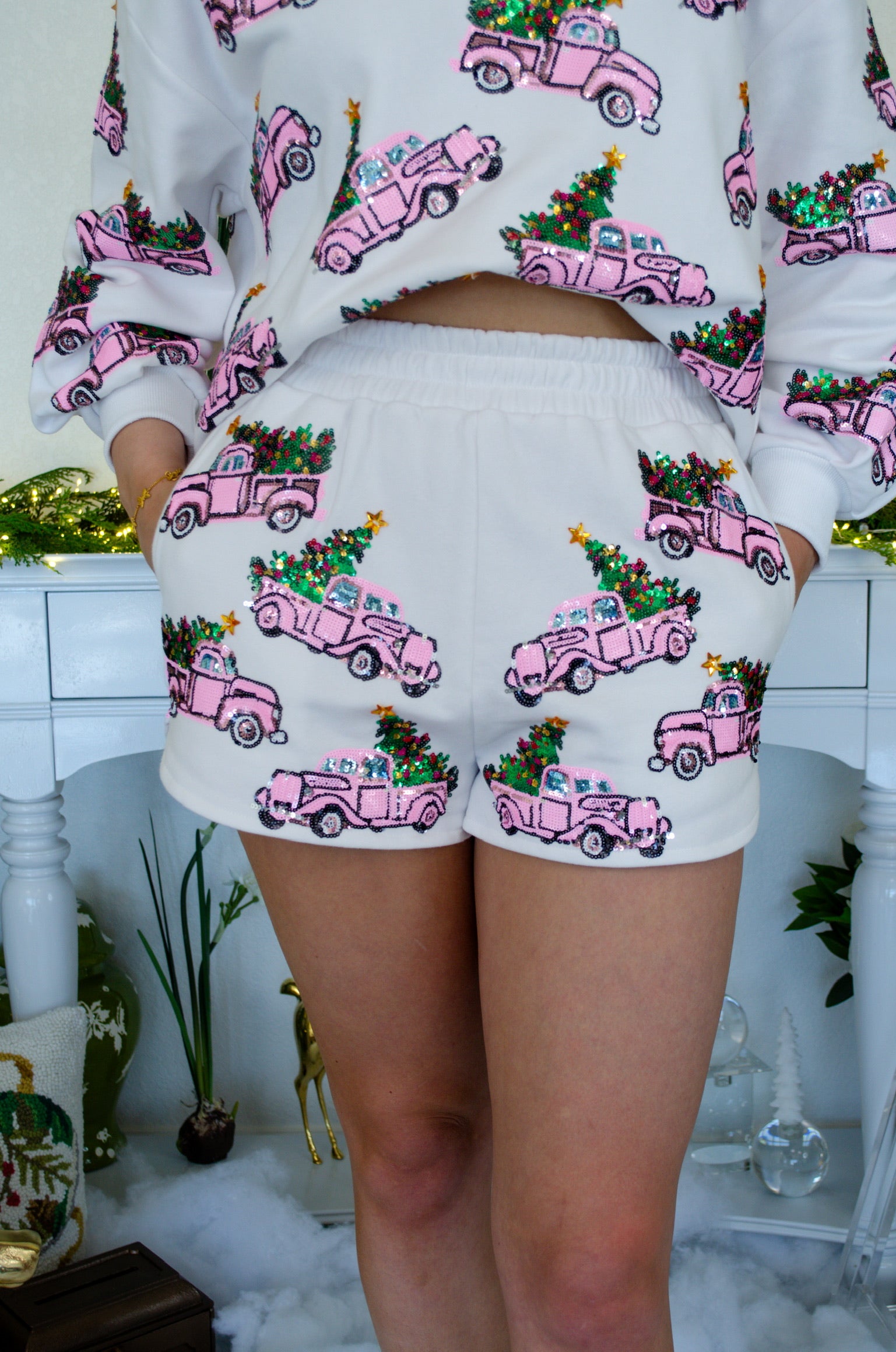 White Trucks With Christmas Trees Shorts | Queen of Sparkles