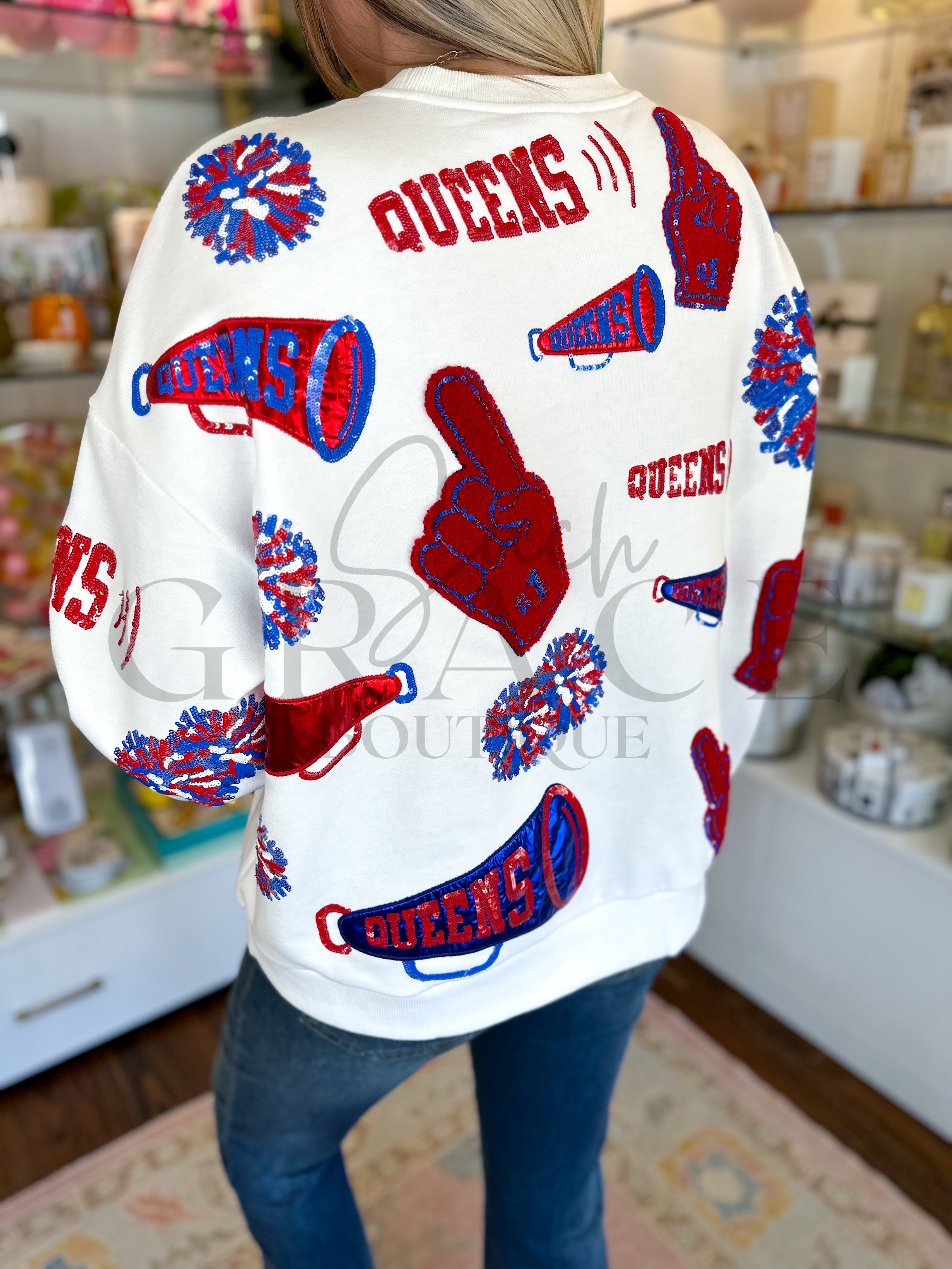 White, Red, & Royal Cheers Queen Icon Sweatshirt | Queen Of Sparkles